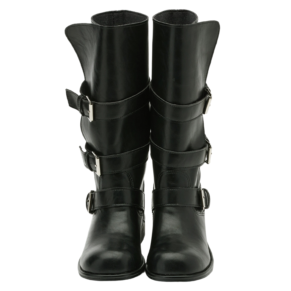 韓系街拍皮革2WAY皮帶釦騎士靴 黑