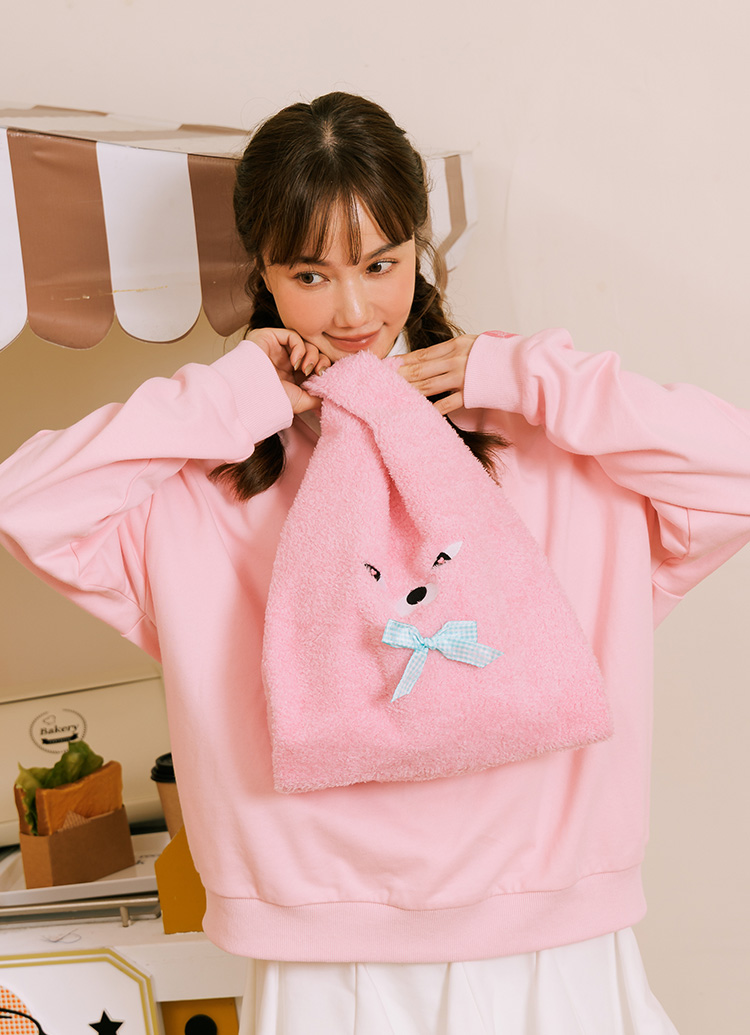 Grace Gift Wasabi Bear 聯名 粉芥末熊 絨毛蝴蝶結手提袋 粉紅色 可愛提袋 實拍圖