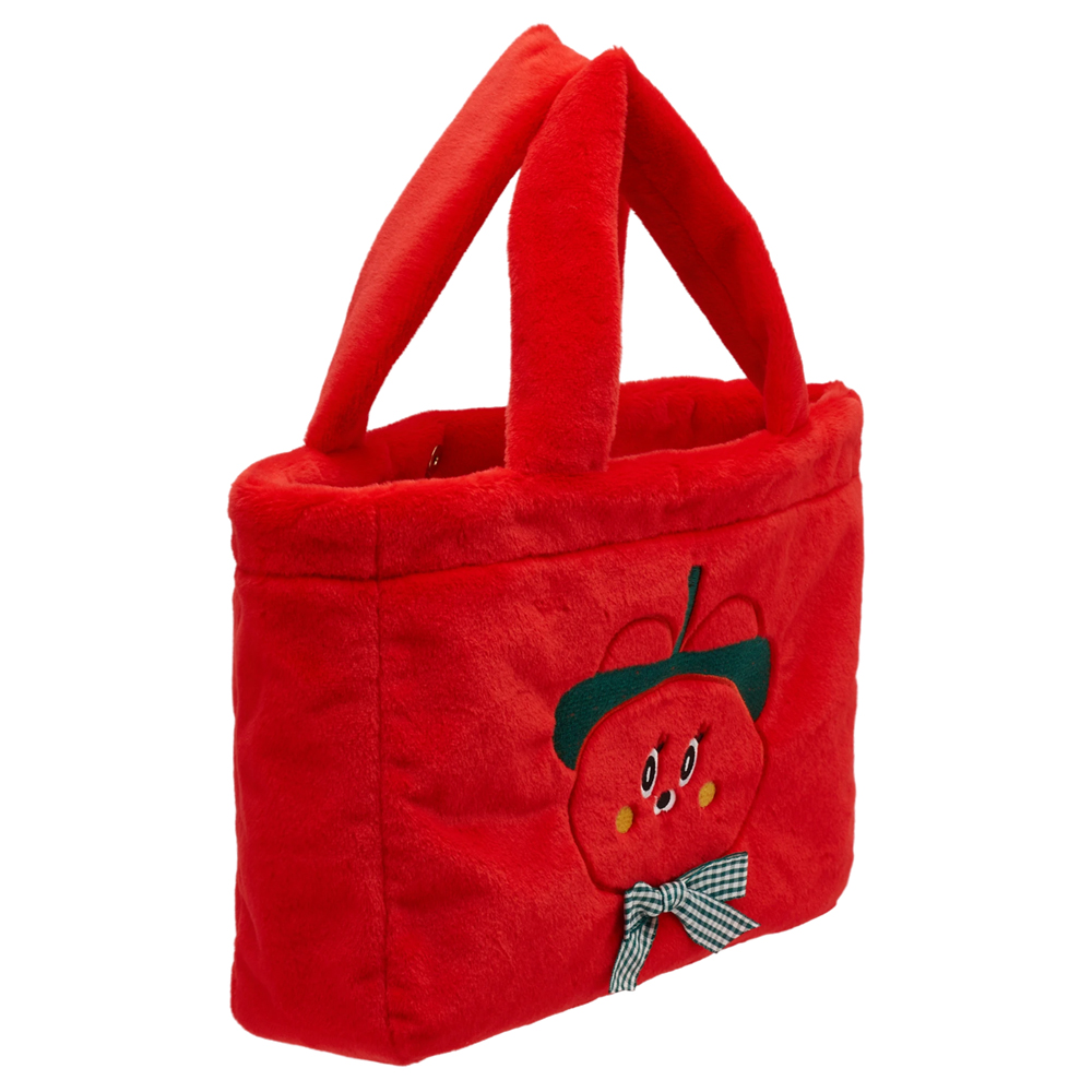 Grace Gift 平價女鞋 Wasabi Bear 聯名 辣椒醬熊 格紋絨毛電繡 托特包 正紅色 實拍圖