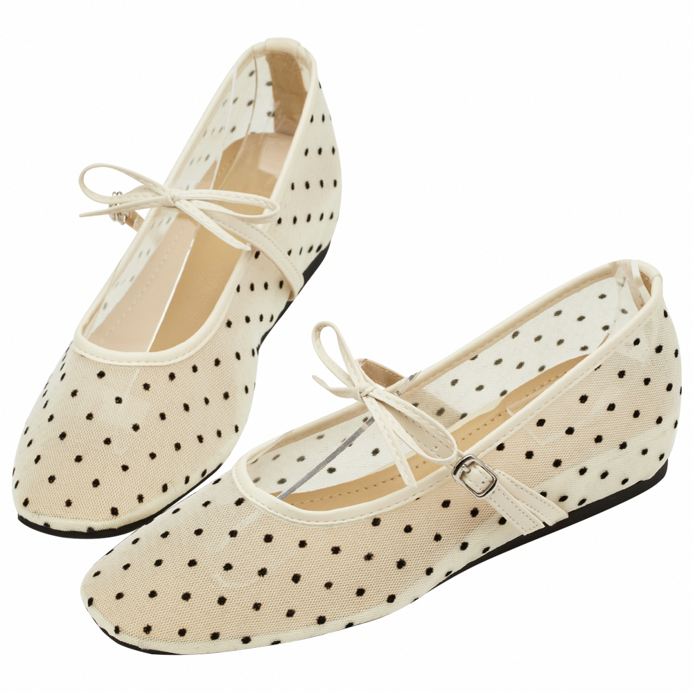 GraceGift平價女鞋 日系水玉 蝴蝶結網紗 內增高瑪莉珍鞋 米白色