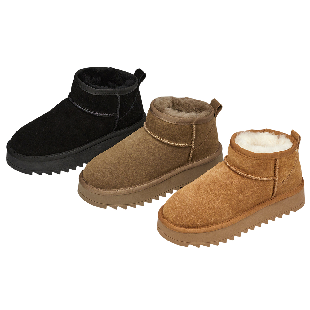 保暖神器暖絨牛麂皮短筒厚底雪靴 灰