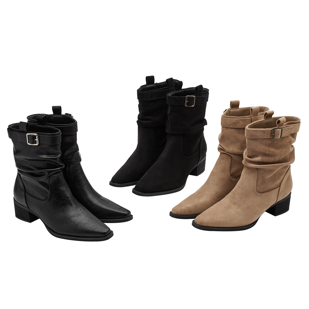 悅悅聯名-都會格調尖頭皮革2way堆堆低跟西部靴 黑