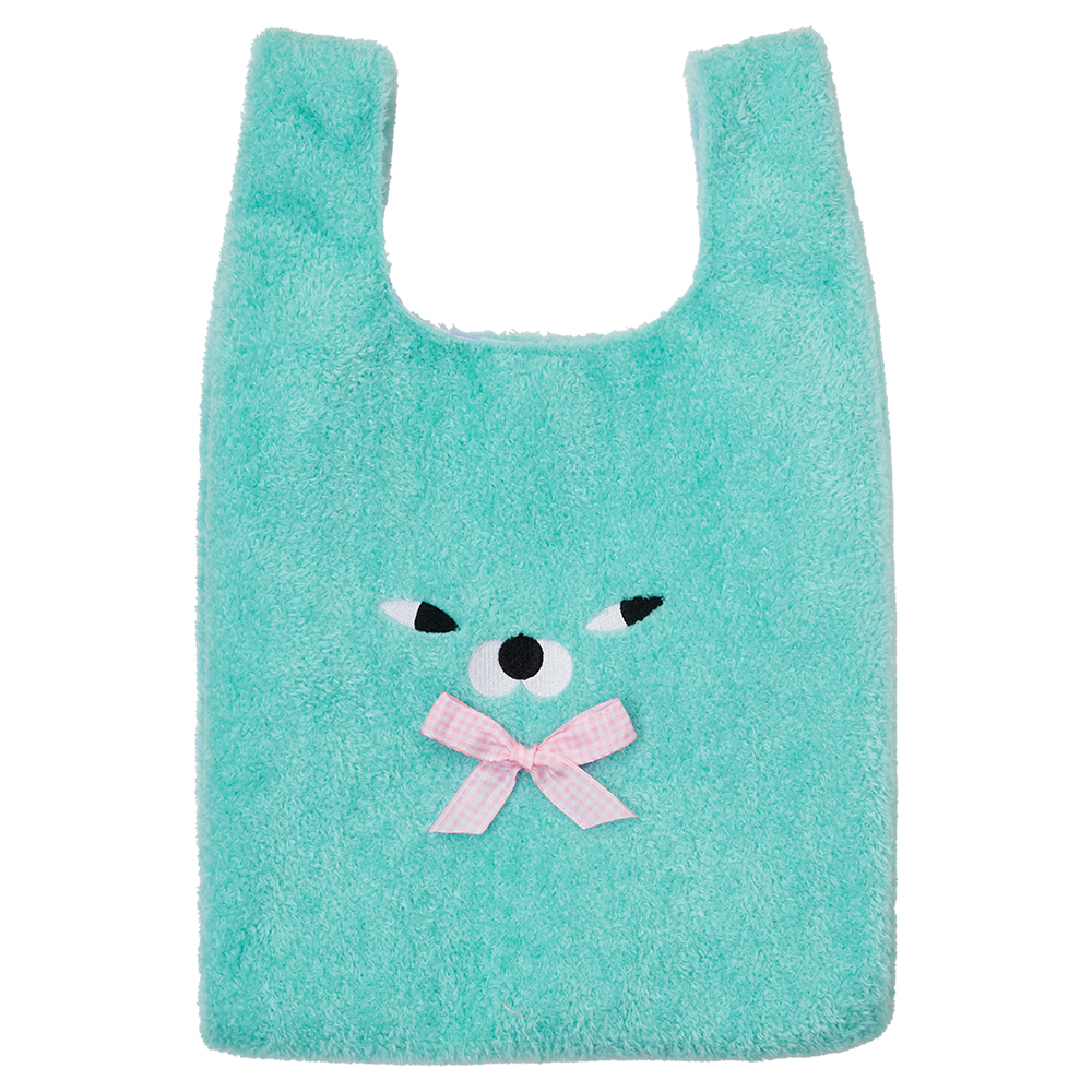 Grace Gift Wasabi Bear 聯名 芥末熊 絨毛蝴蝶結手提袋 藍綠色 可愛提袋 實拍圖