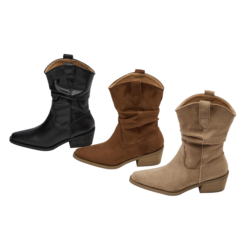 波希米亞尖頭V口絨布堆堆西部靴 棕