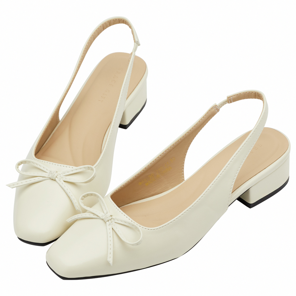 GraceGift平價女鞋 時尚秀場 方頭 韓系清新蝴蝶結後空跟鞋 米白色