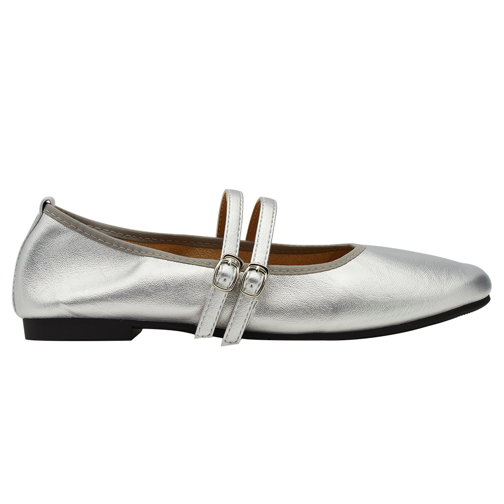 GraceGift平價女鞋 時尚秀場 圓頭 奶油雲朵極軟加厚乳膠芭蕾瑪莉珍鞋 銀色