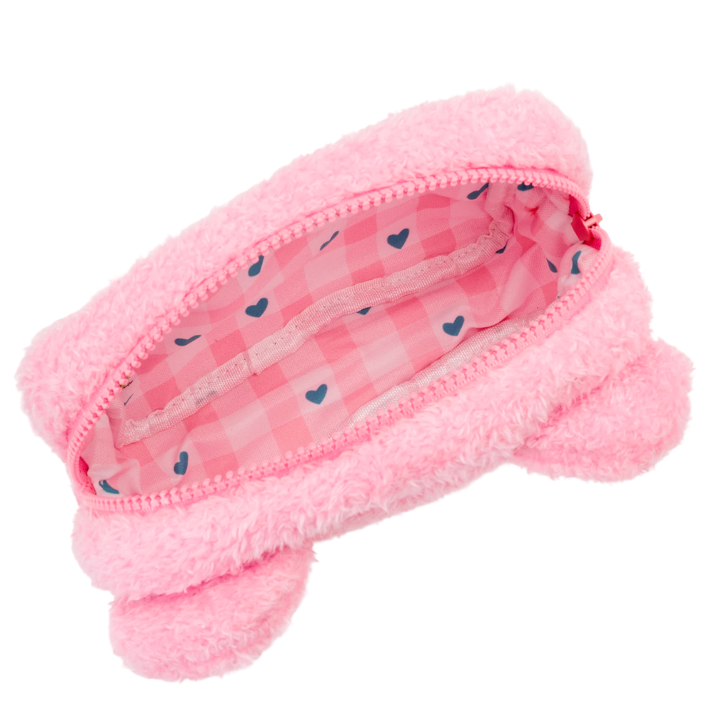 GraceGift Wasabi Bear聯名 粉芥末熊 格紋絨毛化妝包 粉紅色 實拍圖