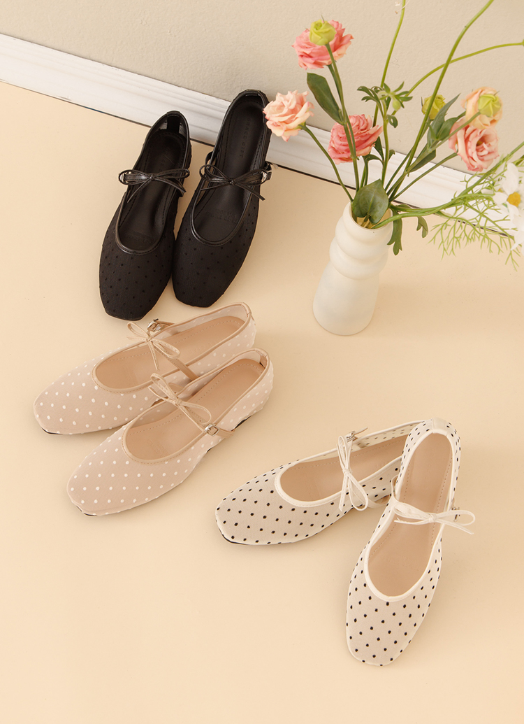 GraceGift平價女鞋 日系水玉 蝴蝶結網紗 內增高瑪莉珍鞋 米白色