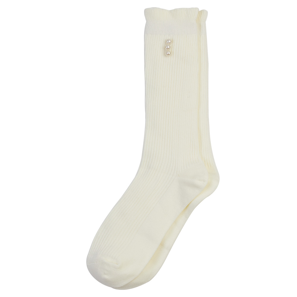 夢幻木耳邊珍珠中筒襪 白