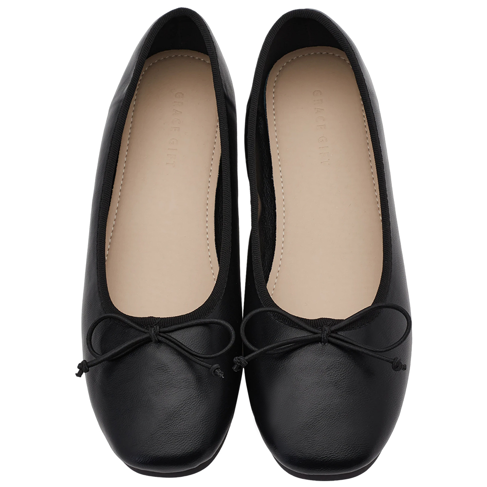 GraceGift平價女鞋 時尚秀場 方圓頭 法式經典蝴蝶結芭蕾舞平底娃娃鞋 黑色