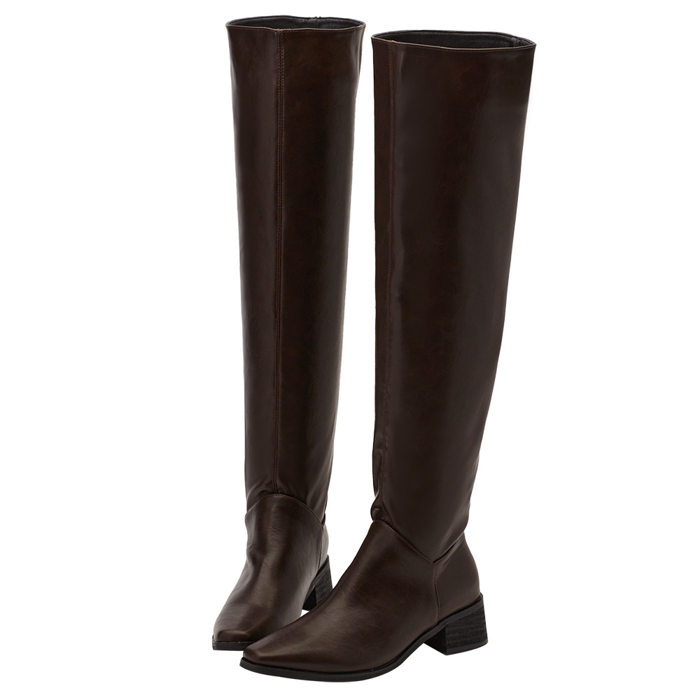 高級氣場方頭2way皮革過膝堆堆長靴 咖