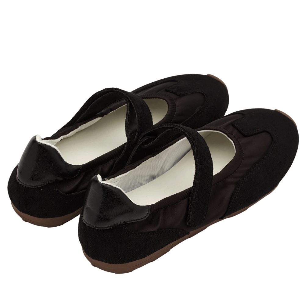 GraceGift平價女鞋 輕盈芭蕾 緞面拚接 芭蕾舞運動鞋 黑色