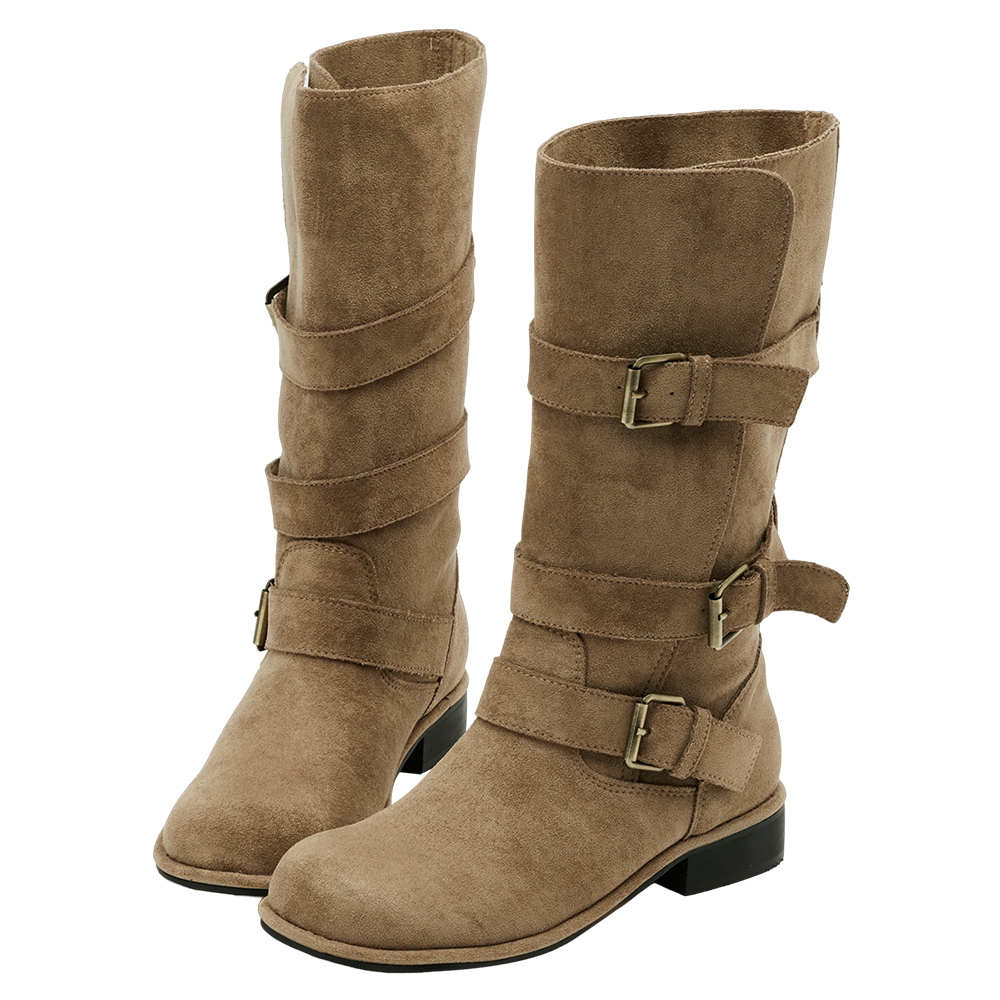 韓系街拍絨布2WAY皮帶釦騎士靴 卡其