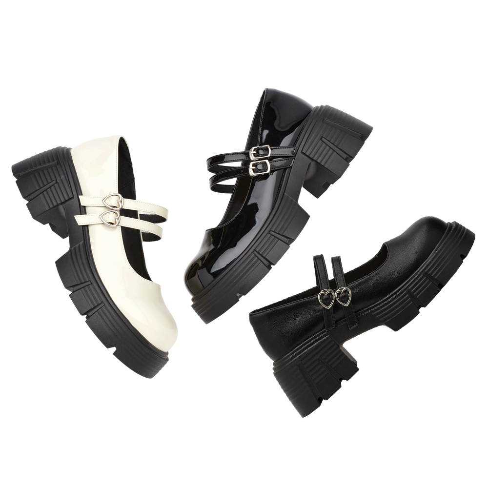 GraceGift 平價女鞋 日系學院 2WAY愛心雙帶輕量瑪莉珍鞋 黑漆 厚底瑪莉珍鞋