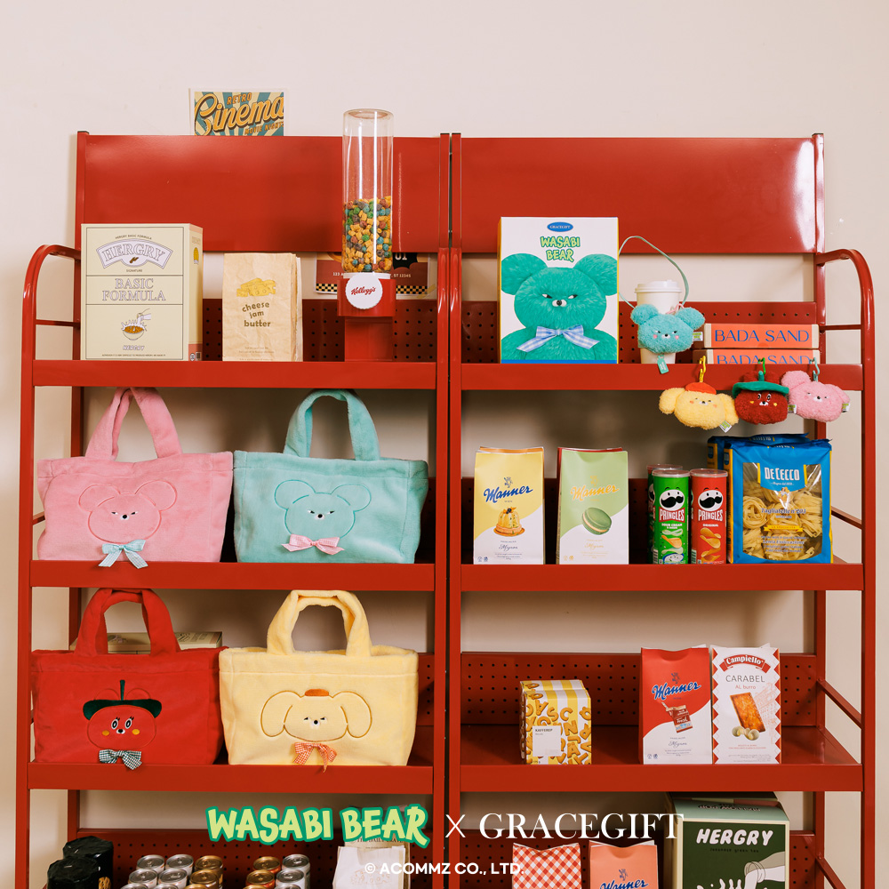 GraceGift Wasabi Bear聯名 辣椒醬熊 絨毛星星吊飾飲料提袋 隨行包 正紅色