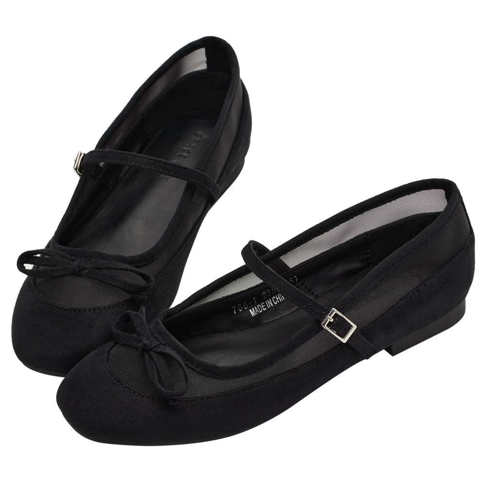 GraceGift平價女鞋 時尚秀場 方圓頭 復古芭比網紗拼接芭蕾平底瑪莉珍鞋  黑色