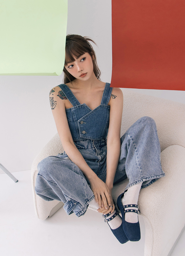 Grace Gift 李柔聯名 甜酷序曲 方頭金屬雙帶芭蕾舞瑪莉珍鞋 牛仔色