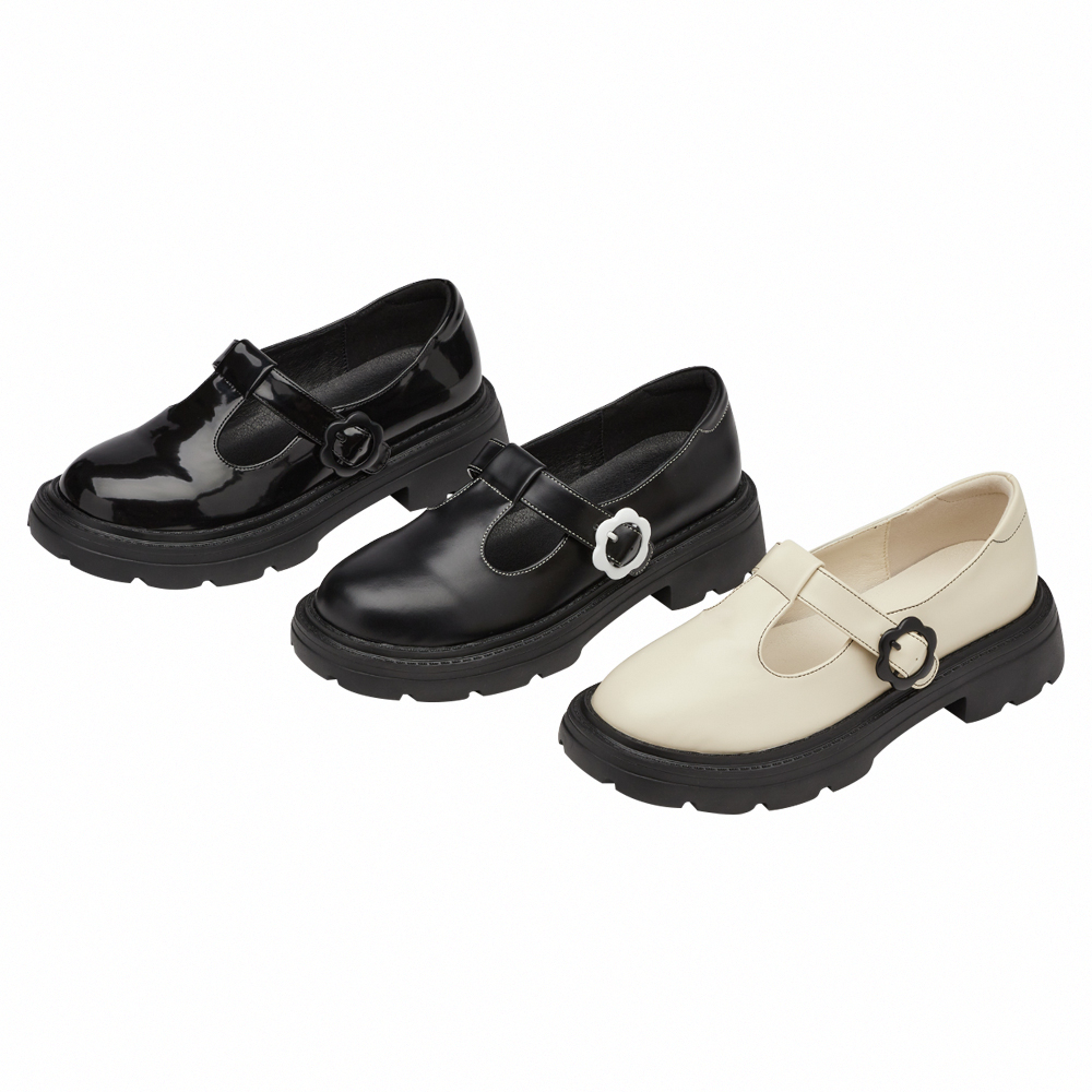 日系可愛小花扣T字輕量瑪莉珍鞋 黑