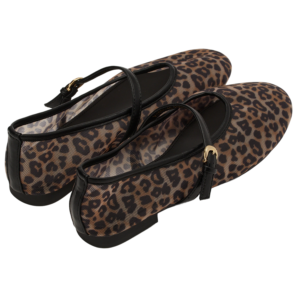 GraceGift平價女鞋 名人時尚 透膚網面 平底瑪莉珍鞋 豹紋