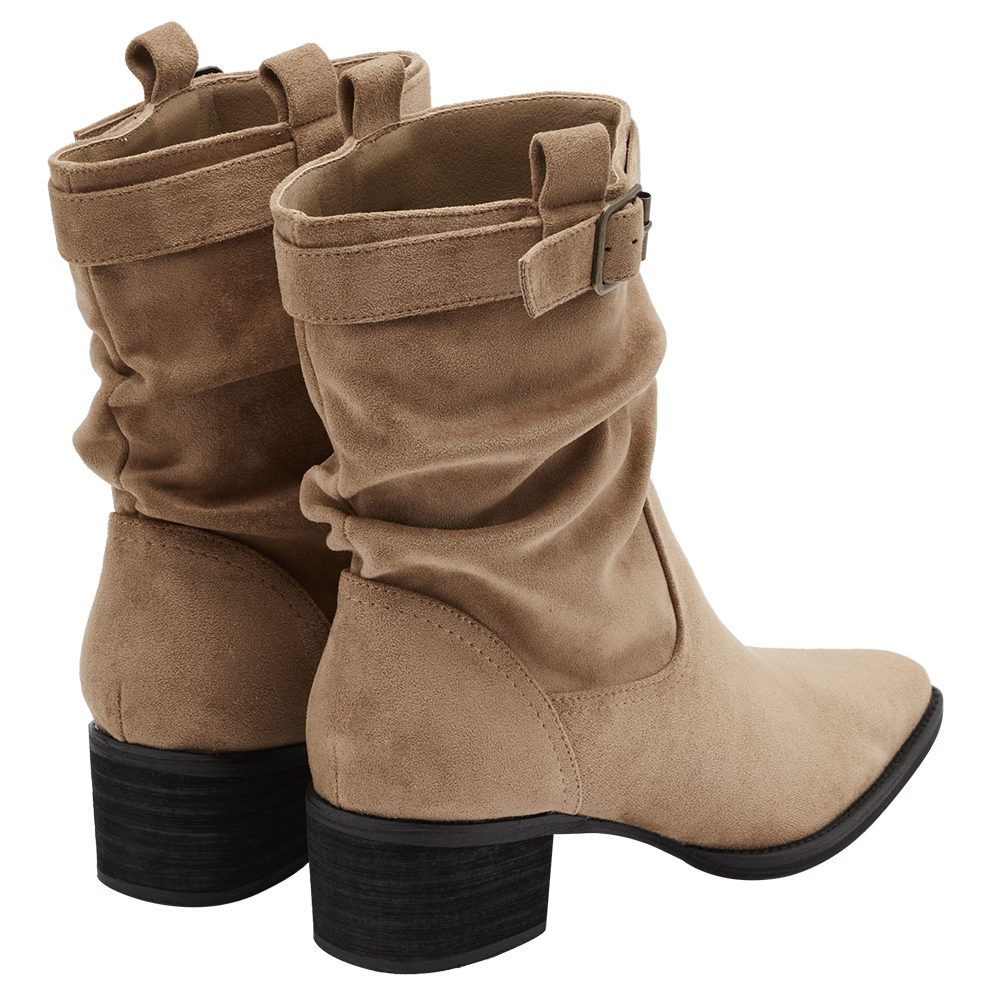 悅悅聯名-都會格調尖頭絨布2way堆堆低跟西部靴 卡其