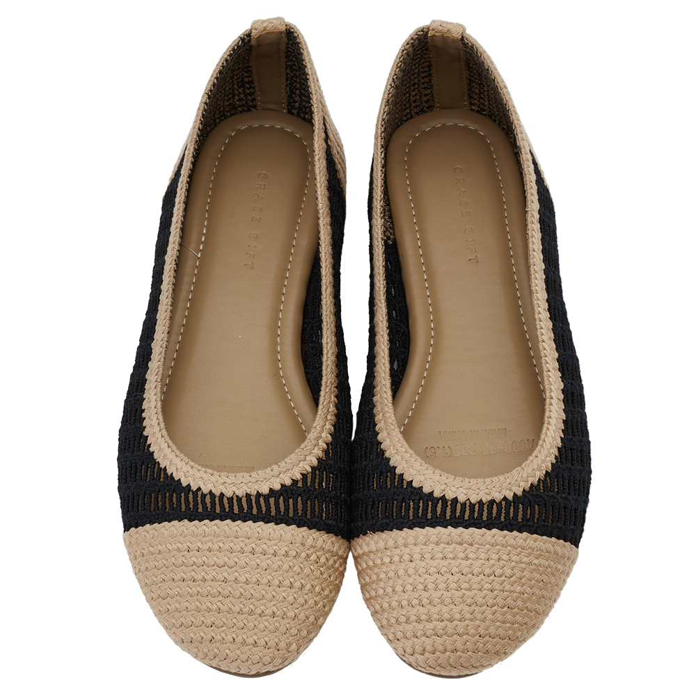 GraceGift 平價女鞋 時尚秀場 圓頭 法式輕透編織拼色平底娃娃鞋 黑色