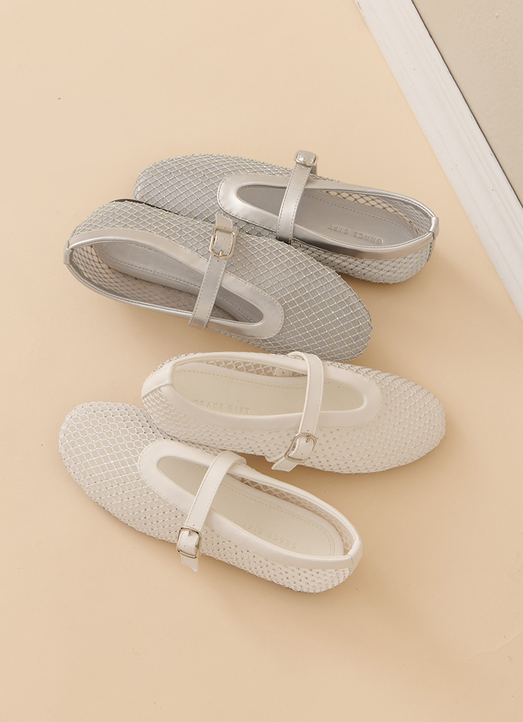 Grace Gift 平價女鞋 夢幻細鑽 編織網面瑪莉珍鞋 銀色 平底瑪莉珍鞋 實拍圖