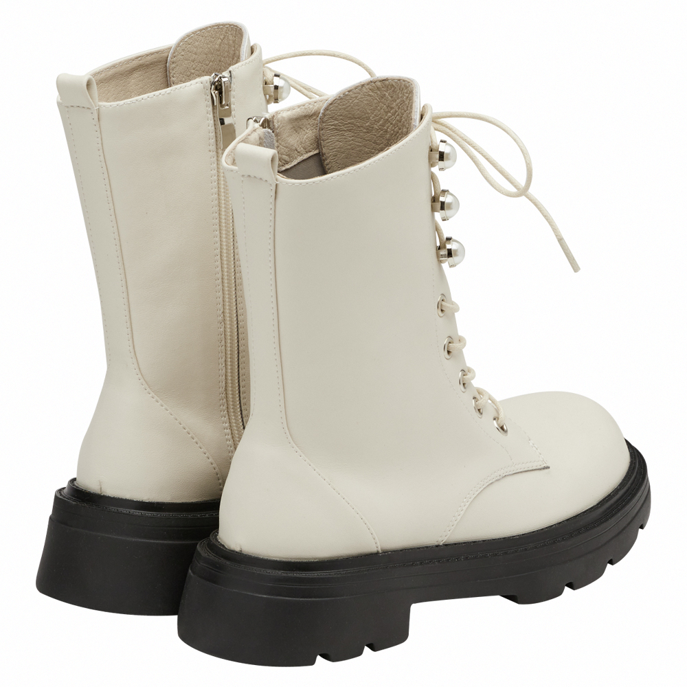 小貓聯名-名媛微光珍珠輕量厚底綁帶靴 米白