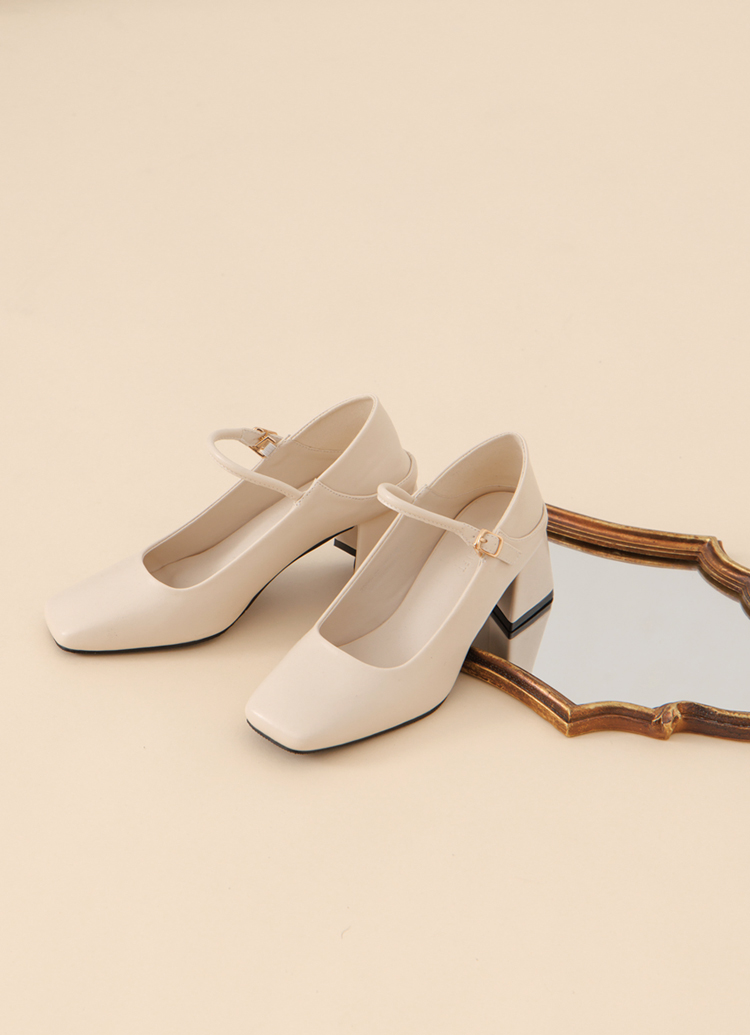 GraceGift平價女鞋 銀河系 方頭 中高跟 瑪莉珍芭蕾舞鞋 米白
