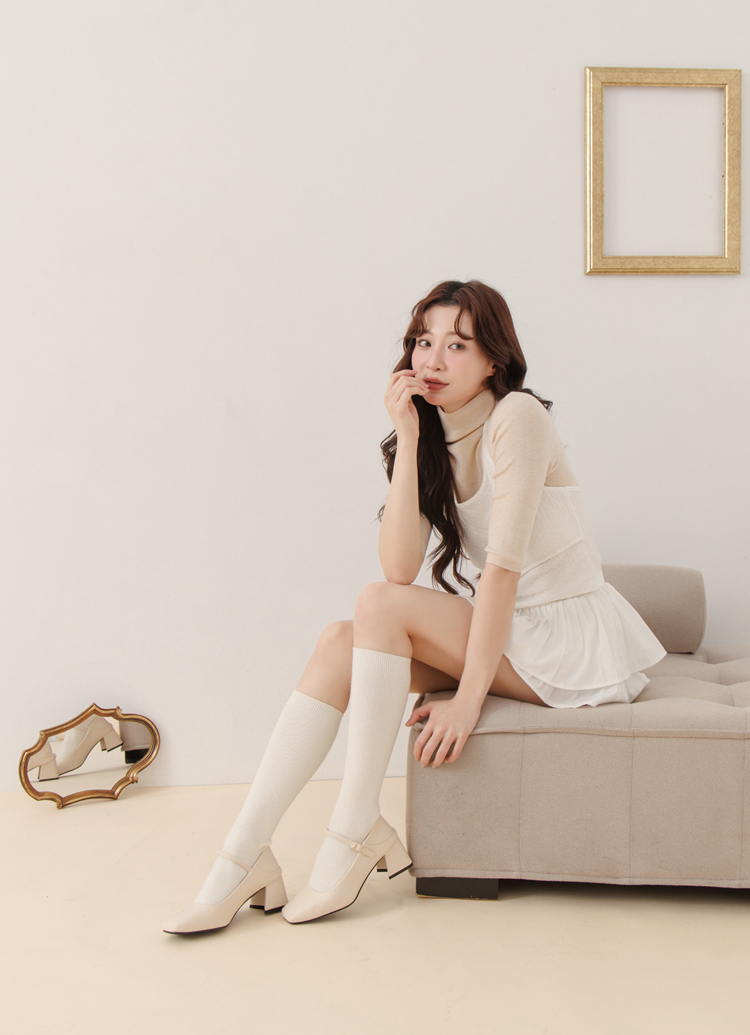 GraceGift平價女鞋 銀河系 方頭 中高跟 瑪莉珍芭蕾舞鞋 米白