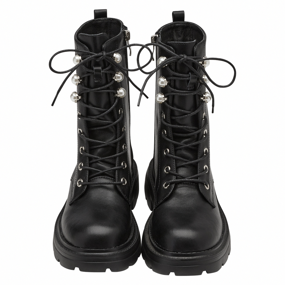 小貓聯名-名媛微光珍珠輕量厚底綁帶靴 黑