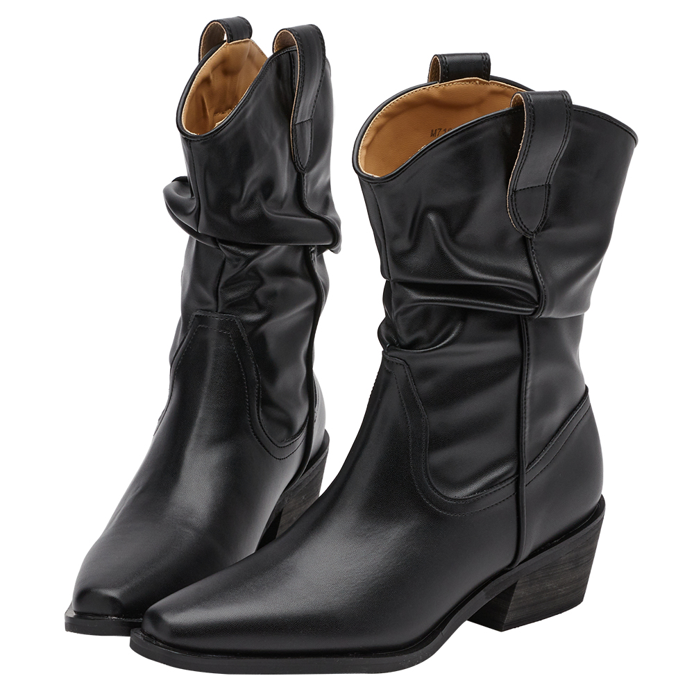 波希米亞尖頭V口皮革堆堆西部靴 黑