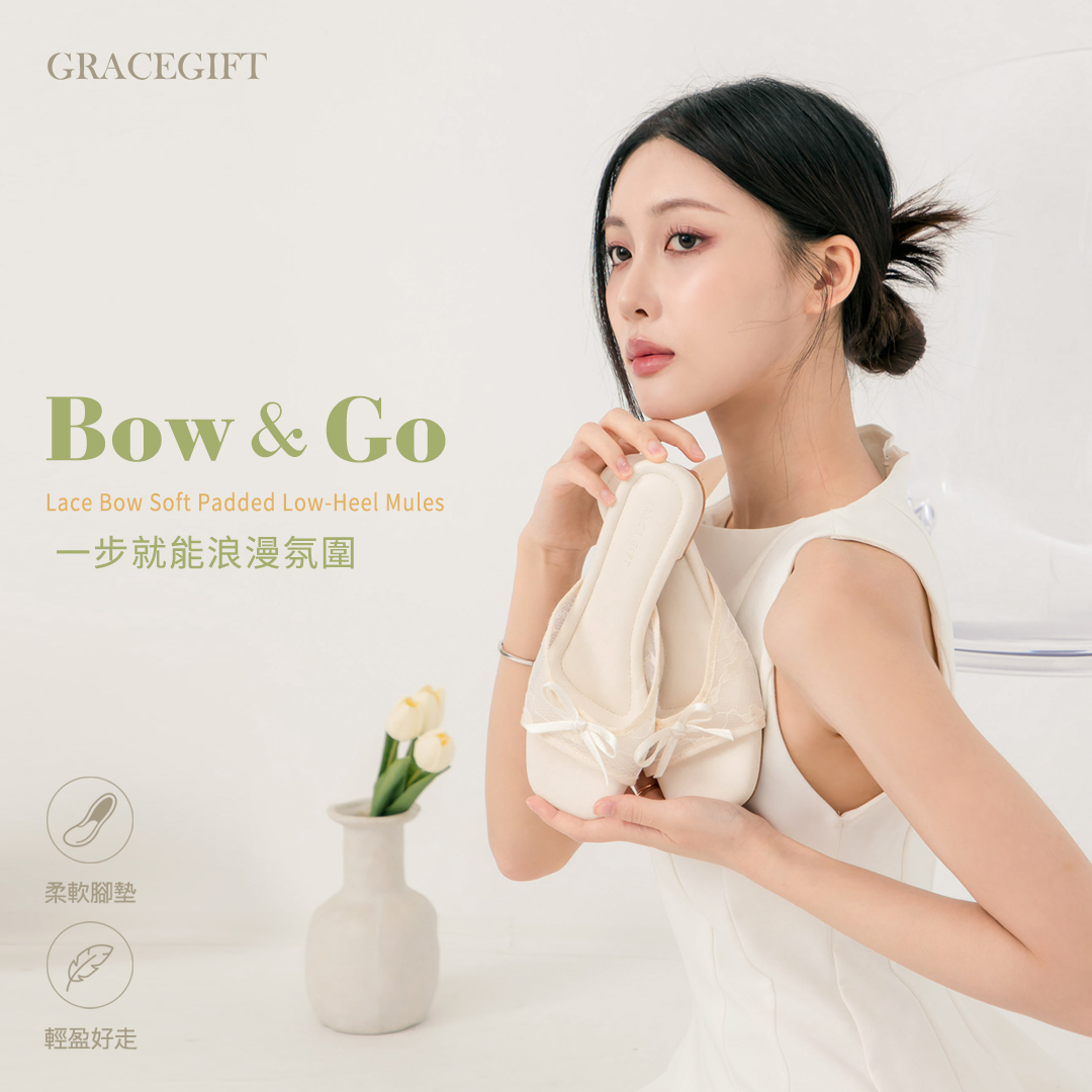 GraceGift 柔霧網紗蝴蝶結方頭涼拖鞋，柔霧網紗搭配蕾絲蝴蝶結與2cm低跟設計