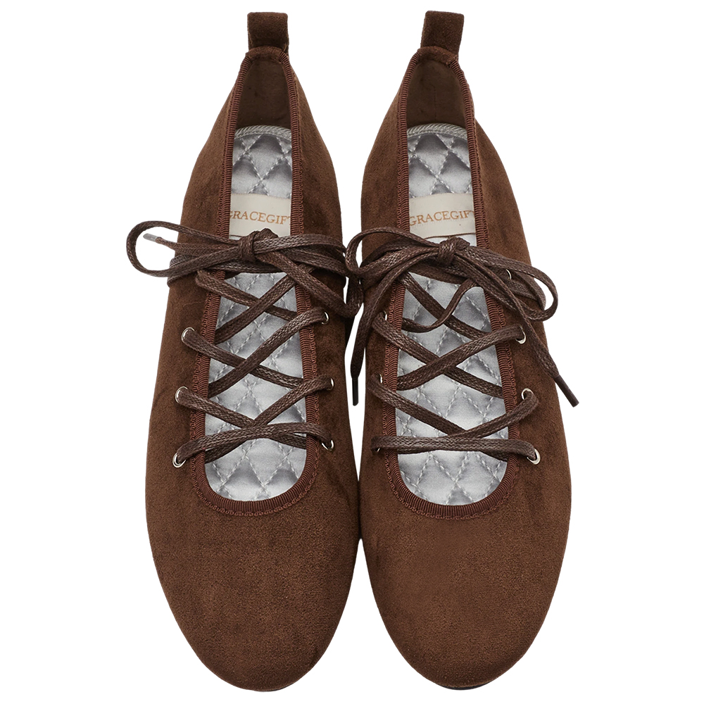 可可芭蕾絨面交叉綁繩芭蕾舞平底鞋 咖