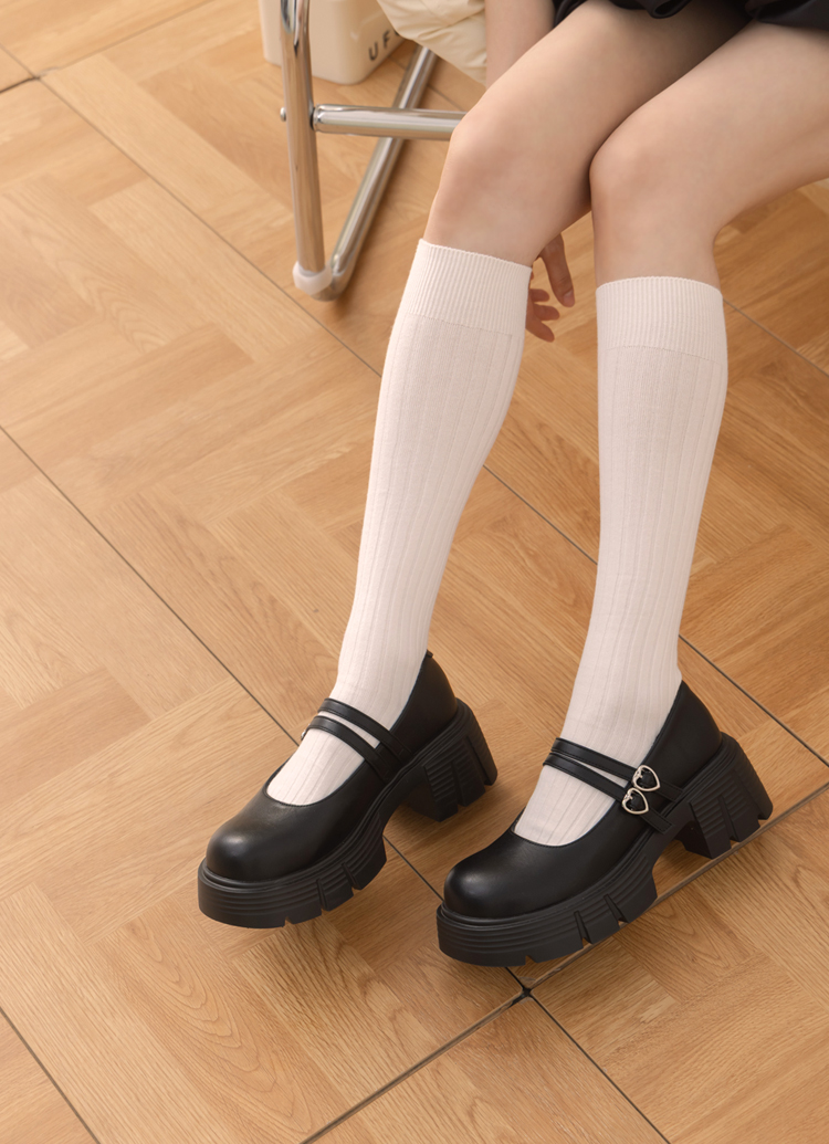 GraceGift 平價女鞋 日系學院 2WAY愛心雙帶輕量瑪莉珍鞋 黑漆 厚底瑪莉珍鞋