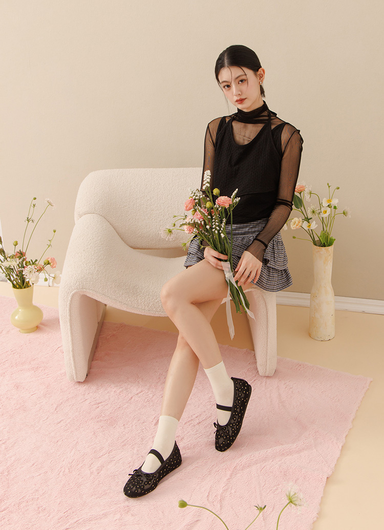 GraceGift平價女鞋 春日花園 蝴蝶結網紗 平底瑪莉珍鞋 黑色