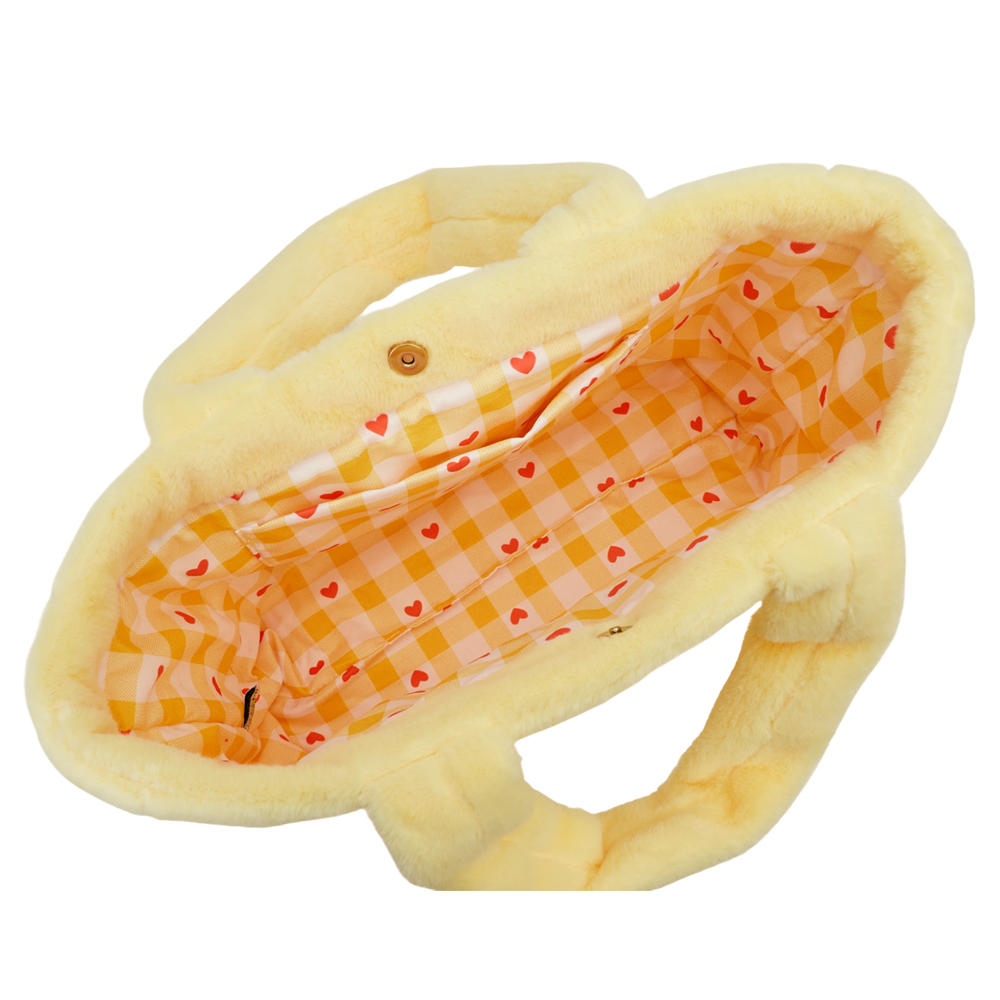 Grace Gift 平價女鞋 Wasabi Bear 聯名 黃芥末熊 格紋絨毛電繡 托特包 正紅色 實拍圖