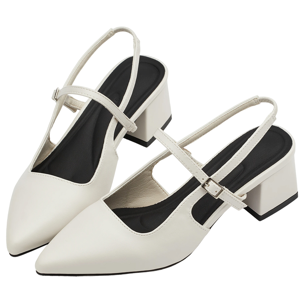 GraceGift平價女鞋 時尚秀場 尖頭  韓系尖頭通勤百搭後空低跟鞋 米白色