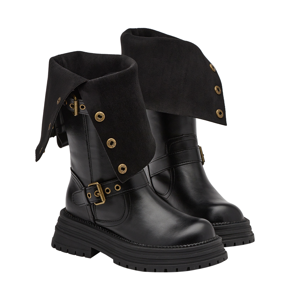 聖水街頭2WAY反折皮帶卯釘顯瘦長靴 黑