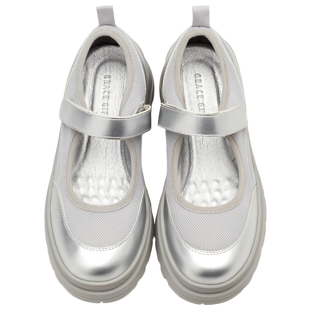 輕運動風拼接魔鬼氈瑪莉珍運動鞋 銀