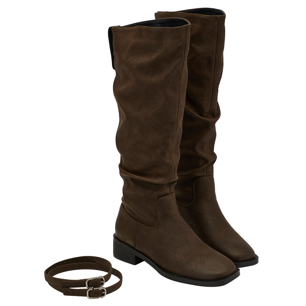 韓系層次方頭2way皮帶環堆堆機車長靴 棕