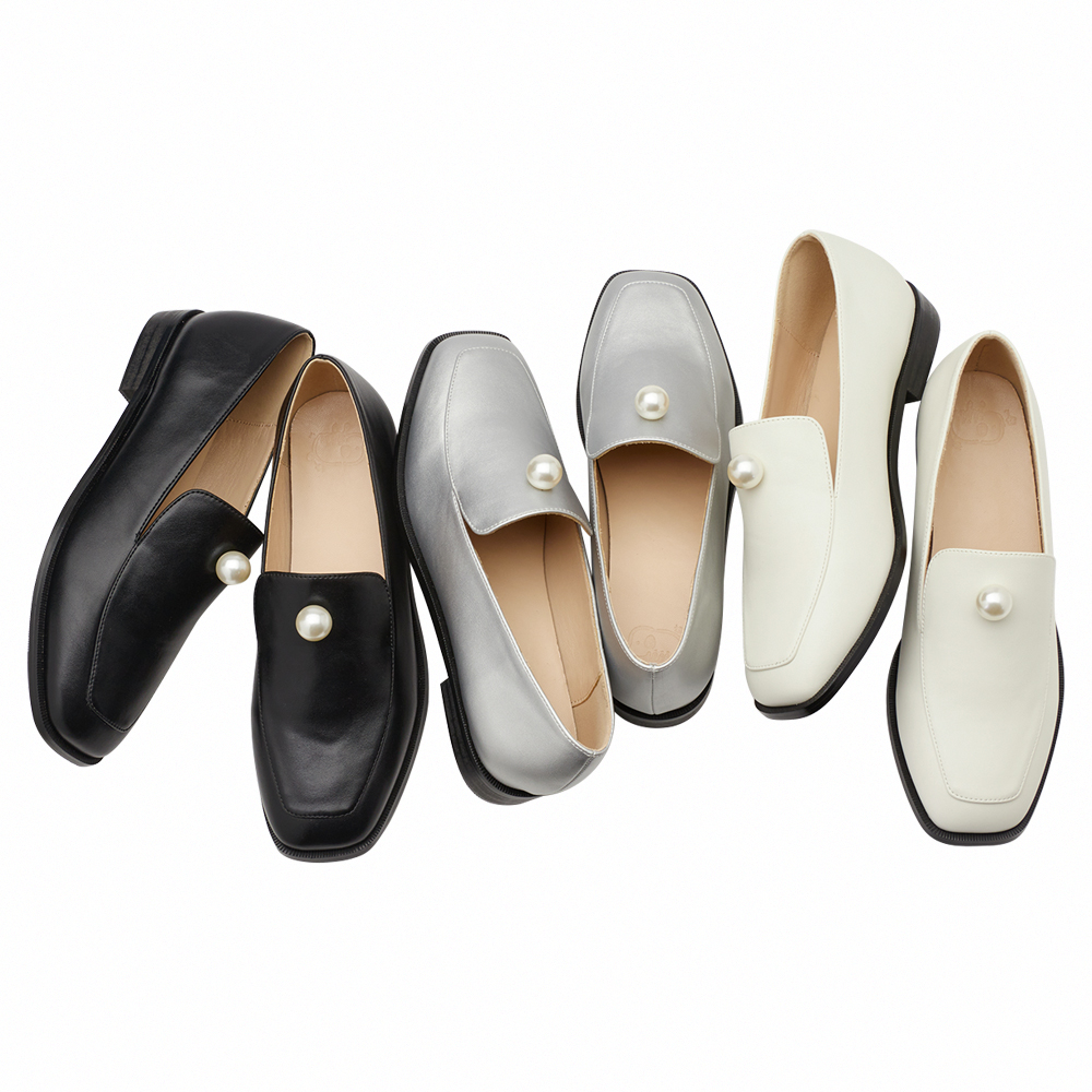 奕潔聯名-柔光珍珠方頭低跟樂福小皮鞋 銀