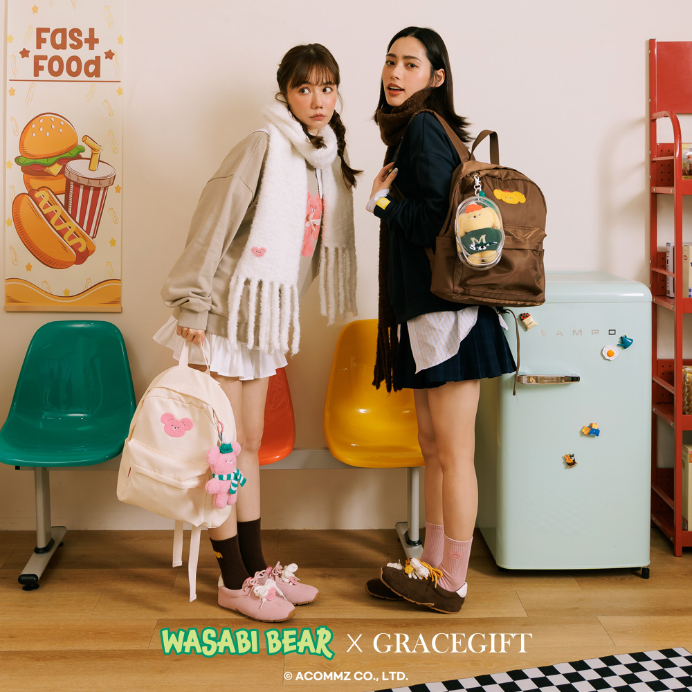 GraceGift Wasabi Bear聯名 黃芥末熊 吊牌輕便尼龍後背包 正紅色 實拍圖