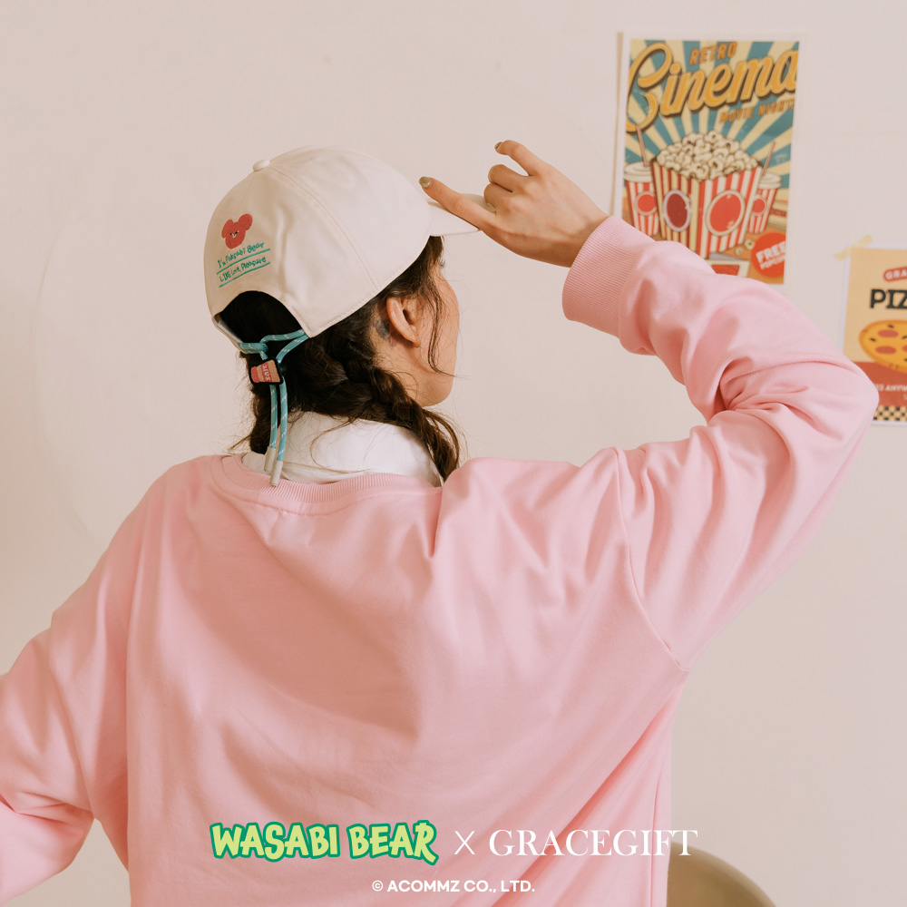 GraceGift Wasabi Bear 粉芥末熊 拉繩調節電繡棒球帽 白色
