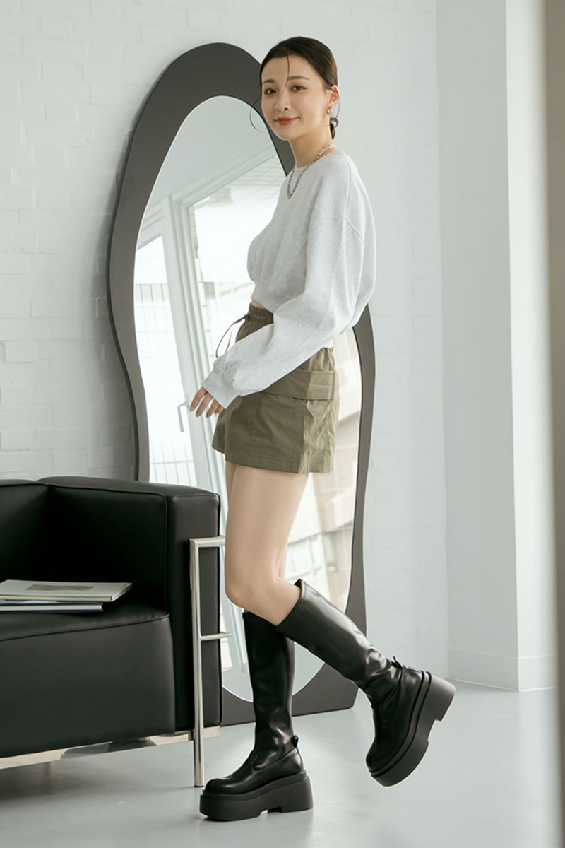 長腿歐膩拼接彈力輕量厚底顯瘦靴 
