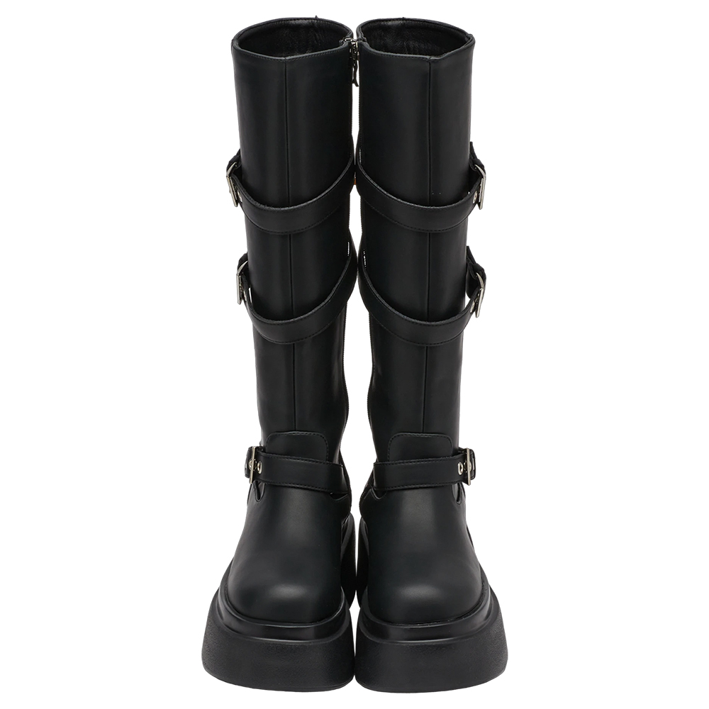 悅悅聯名-紐約街頭刷色扣環輕量厚底長靴 黑