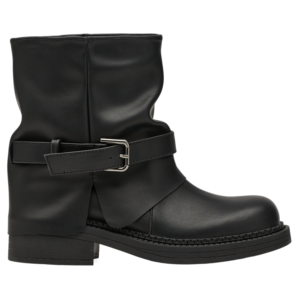 前衛時尚皮帶扣皺褶寬筒褲管短靴 黑