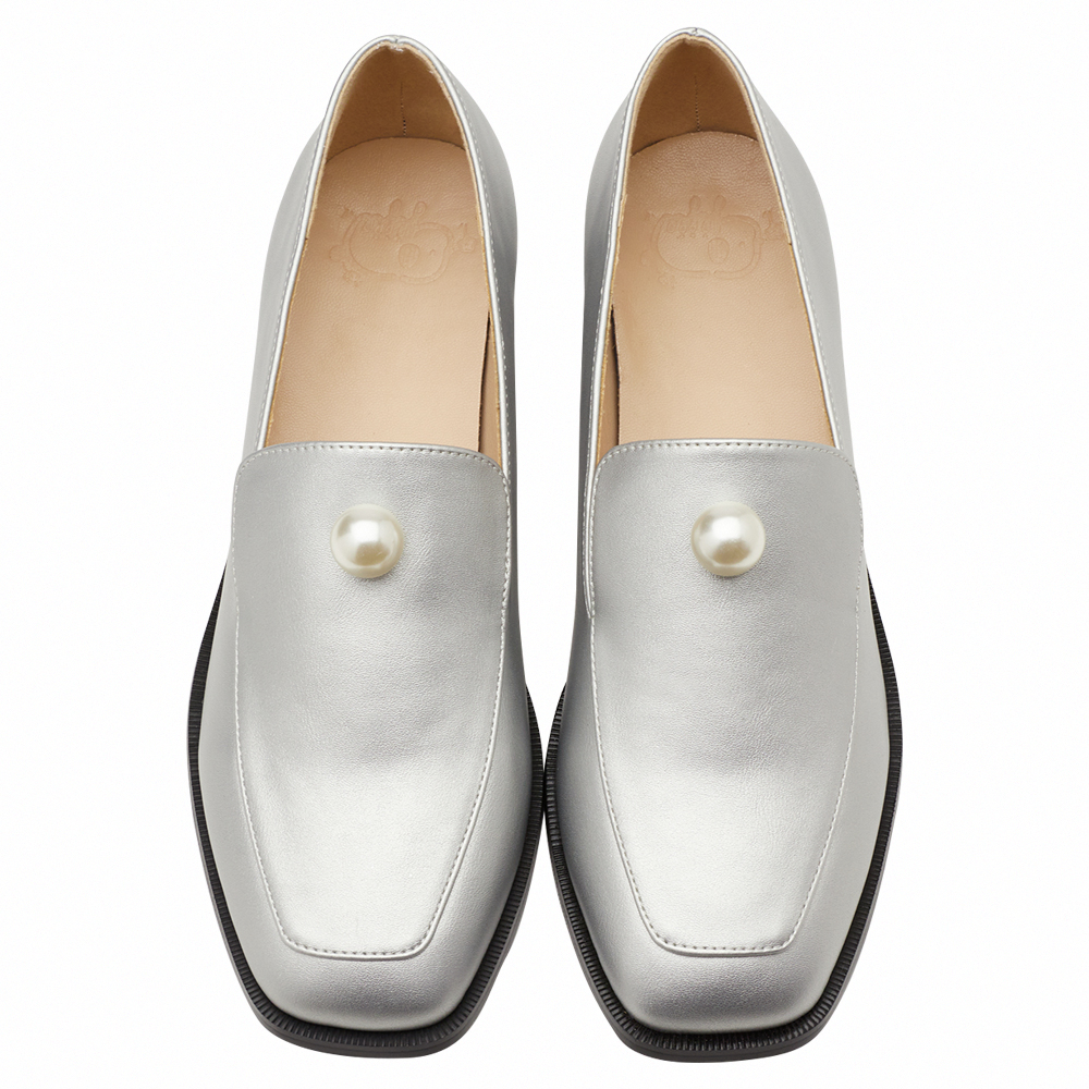 奕潔聯名-柔光珍珠方頭低跟樂福小皮鞋 銀