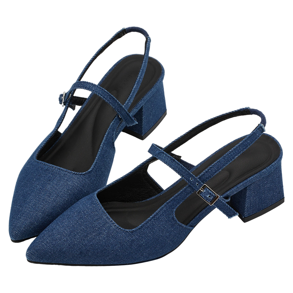 GraceGift平價女鞋 時尚秀場 尖頭  韓系尖頭通勤百搭後空低跟鞋 牛仔