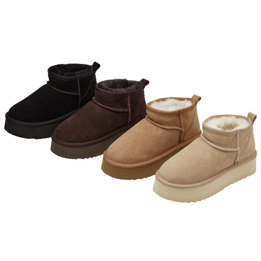 經典百搭牛麂皮羊毛短筒厚底雪靴 栗子