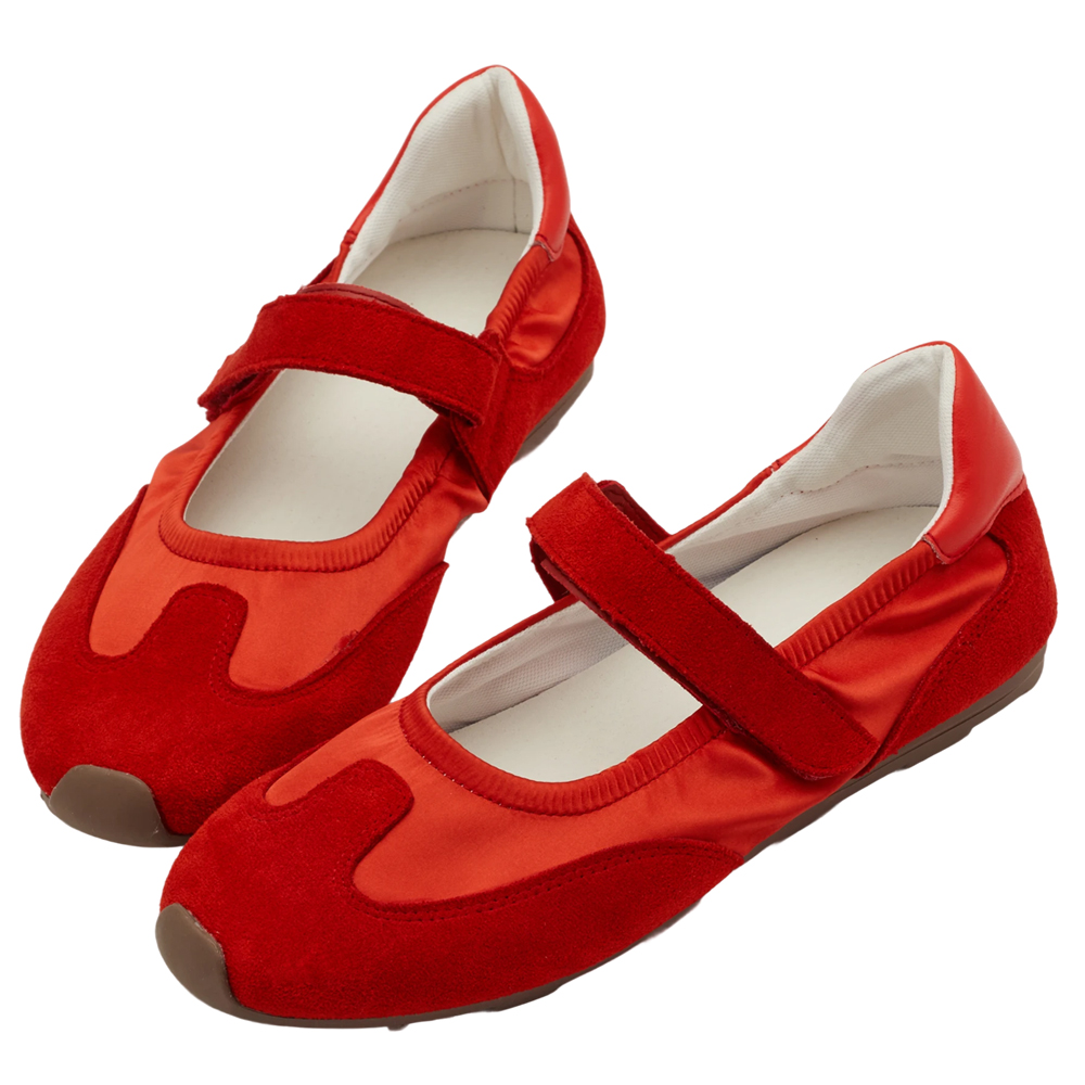 GraceGift平價女鞋 輕盈芭蕾 緞面拚接 芭蕾舞運動鞋 紅色